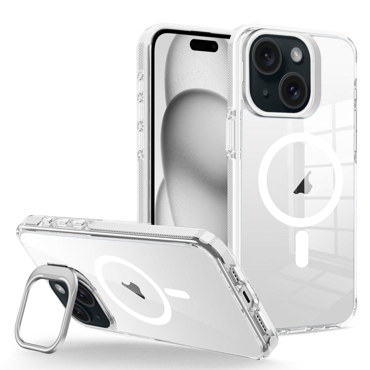 For iPhone 15 J2 High Transparent MagSafe Magnetic Frame Holder Phone Case(White) - iPhone 15 Cases by buy2fix | Online Shopping UK | buy2fix
