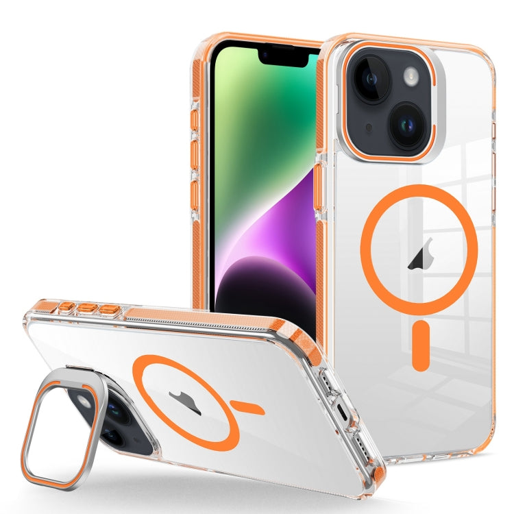 For iPhone 14 Plus J2 High Transparent MagSafe Magnetic Frame Holder Phone Case(Orange) - iPhone 14 Plus Cases by buy2fix | Online Shopping UK | buy2fix