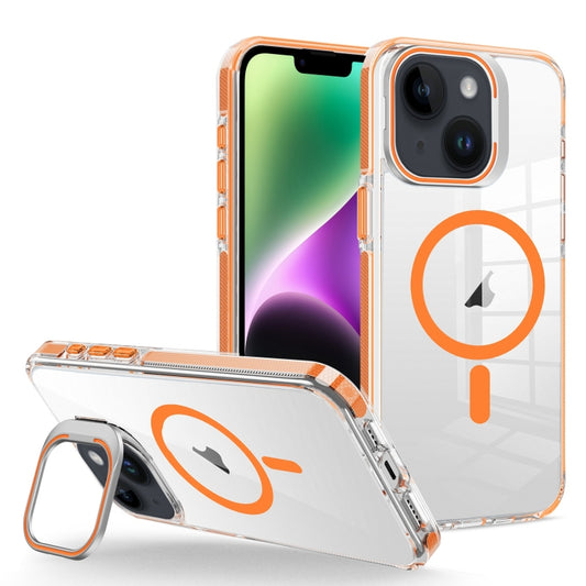 For iPhone 14 Plus J2 High Transparent MagSafe Magnetic Frame Holder Phone Case(Orange) - iPhone 14 Plus Cases by buy2fix | Online Shopping UK | buy2fix