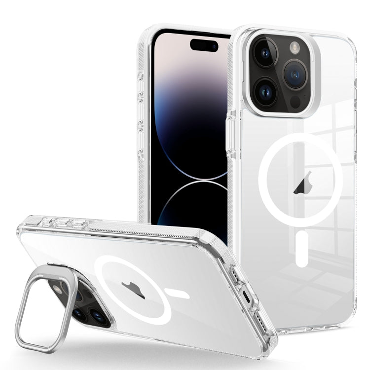 For iPhone 14 Pro J2 High Transparent MagSafe Magnetic Frame Holder Phone Case(White) - iPhone 14 Pro Cases by buy2fix | Online Shopping UK | buy2fix