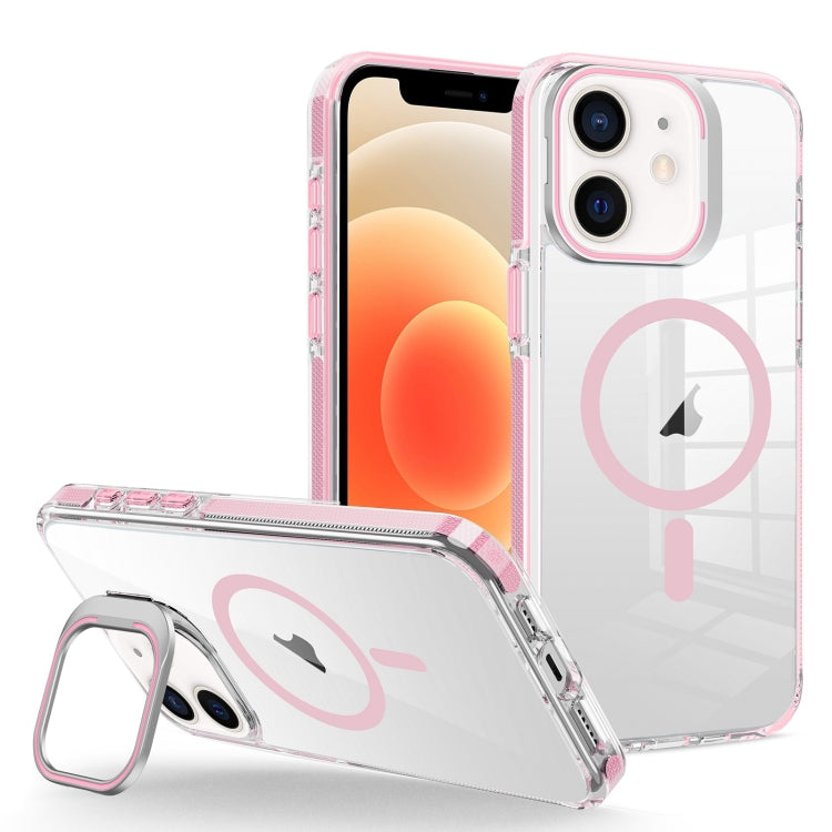 For iPhone 12/12 Pro J2 High Transparent MagSafe Magnetic Frame Holder Phone Case(Pink) - iPhone 12 / 12 Pro Cases by buy2fix | Online Shopping UK | buy2fix