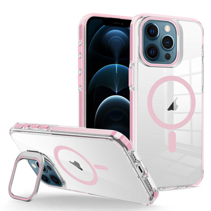 For iPhone 12 Pro Max J2 High Transparent MagSafe Magnetic Frame Holder Phone Case(Pink) - iPhone 12 Pro Max Cases by buy2fix | Online Shopping UK | buy2fix