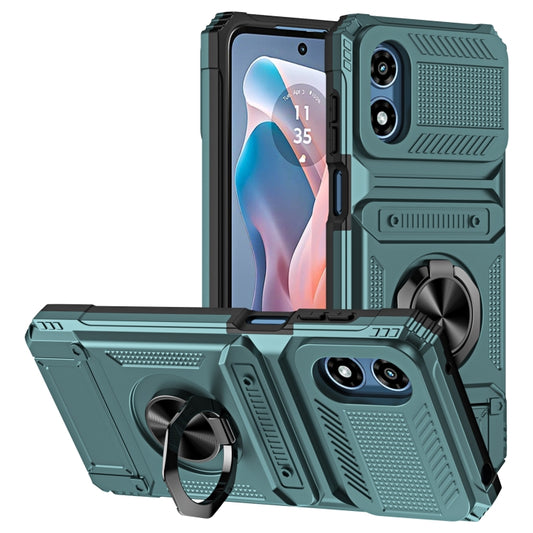 For Motorola Moto G Play 4G 2024 TPU+PC Shockproof Card Slot Phone Case with Metal Ring Holder(Green) - Motorola Cases by buy2fix | Online Shopping UK | buy2fix