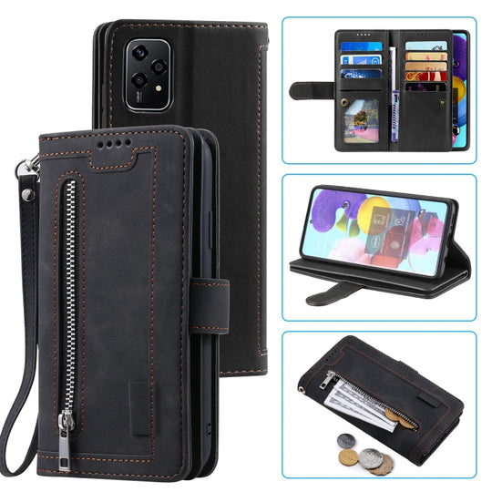 For Honor 200 Lite Global Nine Card Zipper Bag Leather Phone Case with Lanyard(Black)