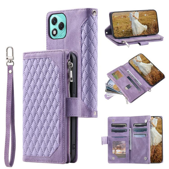 For Honor 400 Lite Global Grid Texture Zipper Leather Phone Case with Lanyard(Purple)