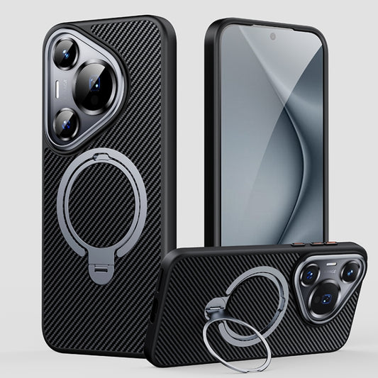 For Huawei Pura 70 Double Ring MagSafe Holder Carbon Fibre Phone Case(Silver) by buy2fix