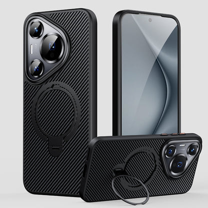 For Huawei Pura 70 Pro Double Ring MagSafe Holder Carbon Fibre Phone Case(Black) by buy2fix
