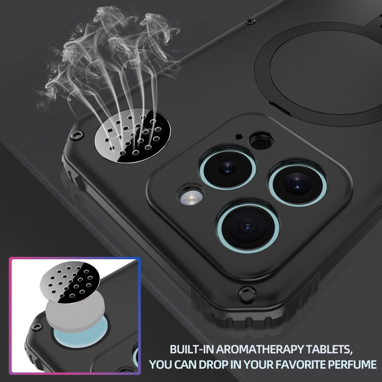 For iPhone 15 Aromatherapy MagSafe Holder Life Waterproof Rugged Phone Case(Black) - iPhone 15 Cases by buy2fix | Online Shopping UK | buy2fix