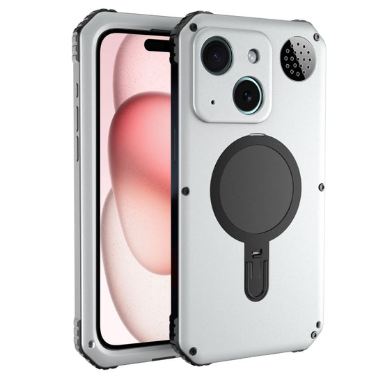 For iPhone 15 Aromatherapy MagSafe Holder Life Waterproof Rugged Phone Case(Silver)