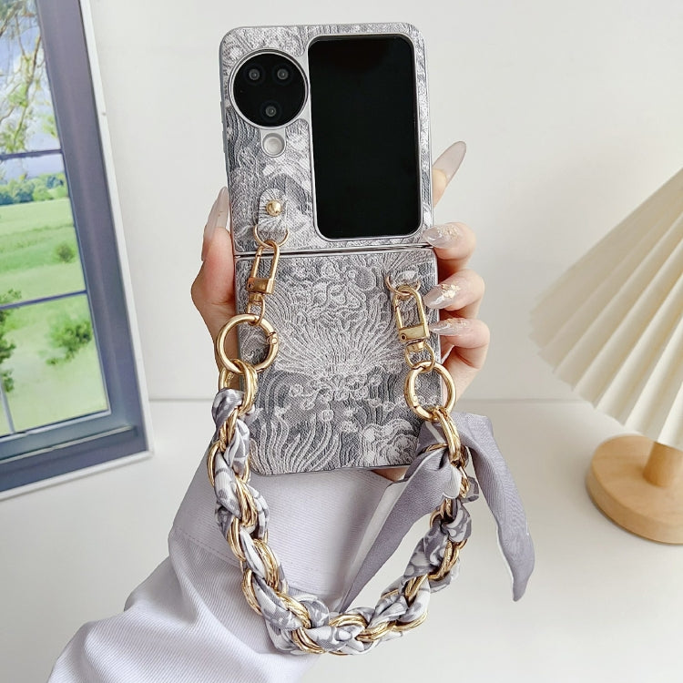 For OPPO Find N3 Flip Embroidery Style DIY Full Coverage Phone Case with Scarf / Bracelet(Grey) - Find N3 Flip Cases by buy2fix | Online Shopping UK | buy2fix