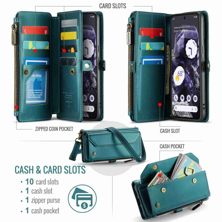 For Google Pixel 8 CaseMe C36 Card Slots Zipper Wallet RFID Anti-theft Leather Phone Case(Blue-green) by CaseMe