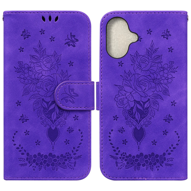 For iPhone 16 Plus Butterfly Rose Embossed Leather Phone Case(Purple) by buy2fix