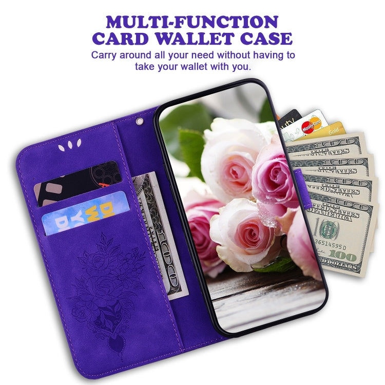 For iPhone 16 Plus Butterfly Rose Embossed Leather Phone Case(Purple) by buy2fix