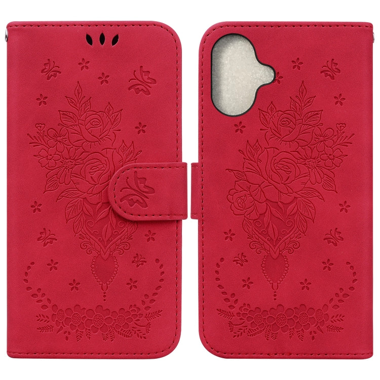 For iPhone 16 Plus Butterfly Rose Embossed Leather Phone Case(Red) by buy2fix