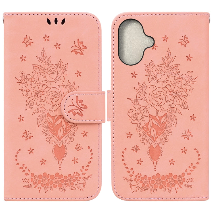 For iPhone 16 Plus Butterfly Rose Embossed Leather Phone Case(Pink) by buy2fix