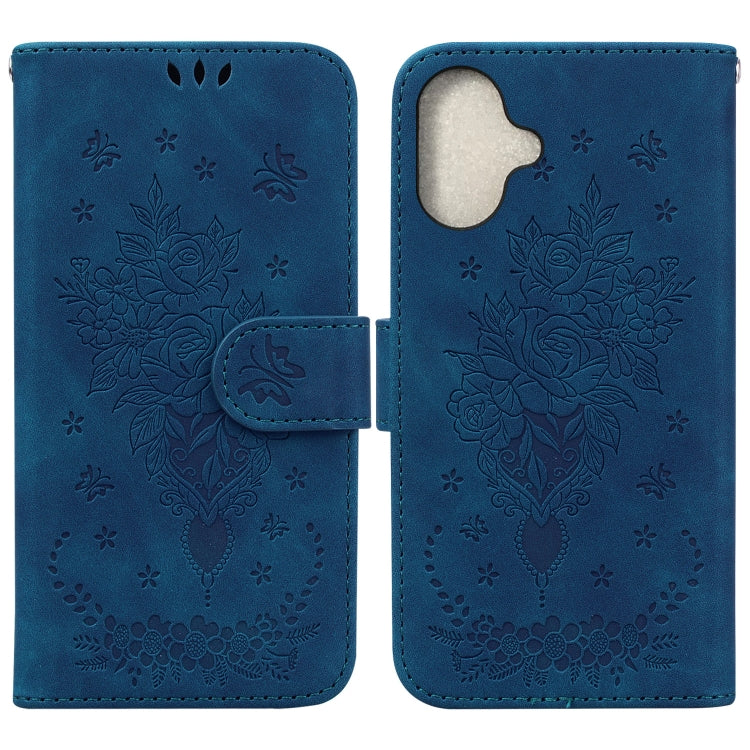 For iPhone 16 Butterfly Rose Embossed Leather Phone Case(Blue) by buy2fix