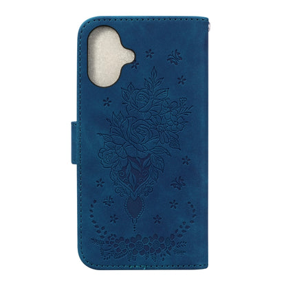 For iPhone 16 Butterfly Rose Embossed Leather Phone Case(Blue) by buy2fix