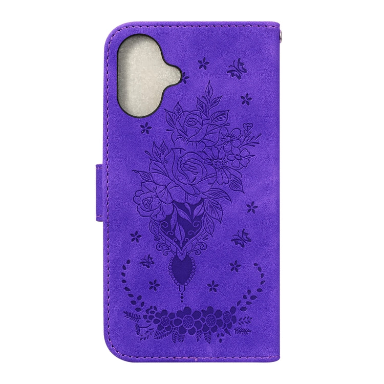 For iPhone 16 Butterfly Rose Embossed Leather Phone Case(Purple) - iPhone 16 Cases by buy2fix | Online Shopping UK | buy2fix