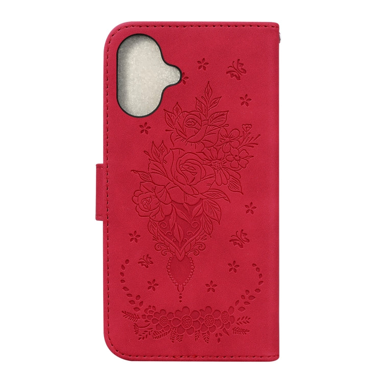 For iPhone 16 Butterfly Rose Embossed Leather Phone Case(Red) by buy2fix