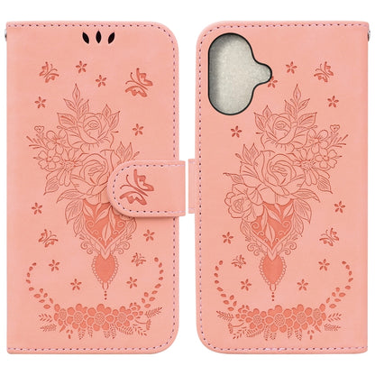 For iPhone 16 Butterfly Rose Embossed Leather Phone Case(Pink) by buy2fix