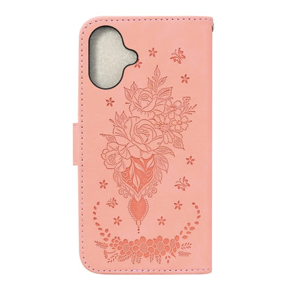 For iPhone 16 Butterfly Rose Embossed Leather Phone Case(Pink) by buy2fix