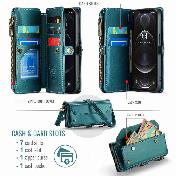 For iPhone 12 Pro Max CaseMe C36 Card Slots Zipper Wallet RFID Anti-theft Leather Phone Case(Blue-green) - iPhone 12 Pro Max Cases by CaseMe | Online Shopping UK | buy2fix