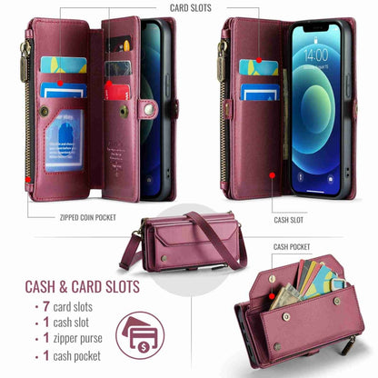 For iPhone 12 CaseMe C36 Card Slots Zipper Wallet RFID Anti-theft Leather Phone Case(Wine Red) - iPhone 12 / 12 Pro Cases by CaseMe | Online Shopping UK | buy2fix