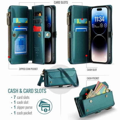 For iPhone 14 Pro CaseMe C36 Card Slots Zipper Wallet RFID Anti-theft Leather Phone Case(Blue-green) - iPhone 14 Pro Cases by CaseMe | Online Shopping UK | buy2fix