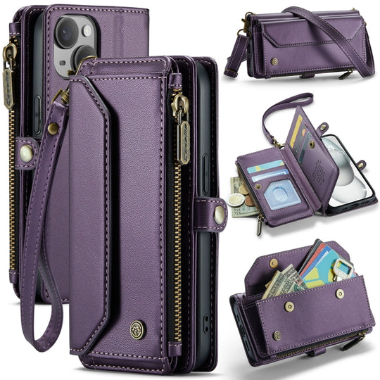 For iPhone 15 Plus CaseMe C36 Card Slots Zipper Wallet RFID Anti-theft Leather Phone Case(Purple)