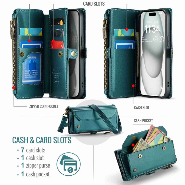 For iPhone 15 Plus CaseMe C36 Card Slots Zipper Wallet RFID Anti-theft Leather Phone Case(Blue-green) - iPhone 15 Plus Cases by CaseMe | Online Shopping UK | buy2fix