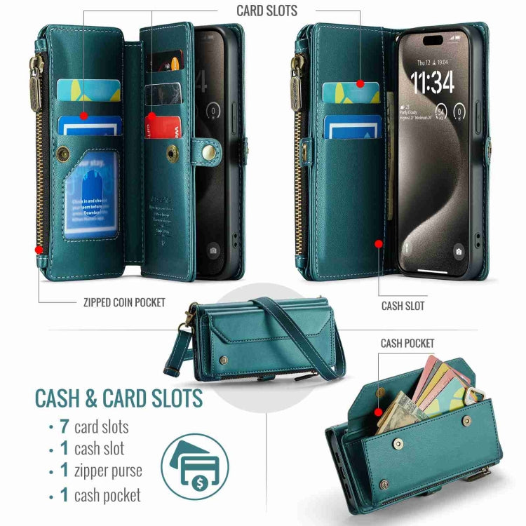 For iPhone 15 Pro Max CaseMe C36 Card Slots Zipper Wallet RFID Anti-theft Leather Phone Case(Blue-green) - iPhone 15 Pro Max Cases by CaseMe | Online Shopping UK | buy2fix