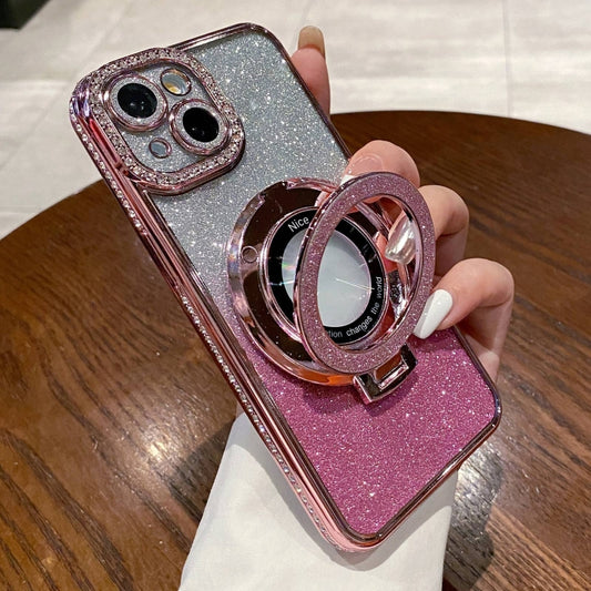 For iPhone 15 Gradient Glitter Diamond Plated Holder Magsafe Phone Case(Pink) - iPhone 15 Cases by buy2fix | Online Shopping UK | buy2fix