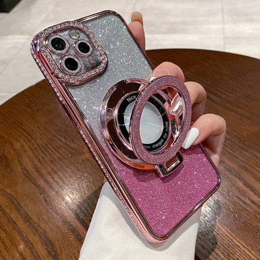 For iPhone 14 Pro Max Gradient Glitter Diamond Plated Holder Magsafe Phone Case(Pink) - iPhone 14 Pro Max Cases by buy2fix | Online Shopping UK | buy2fix
