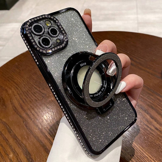 For iPhone 13 Pro Max Gradient Glitter Diamond Plated Holder Magsafe Phone Case(Black) by buy2fix