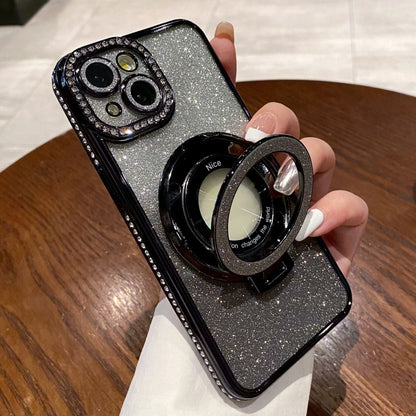 For iPhone 13 Gradient Glitter Diamond Plated Holder Magsafe Phone Case(Black) by buy2fix