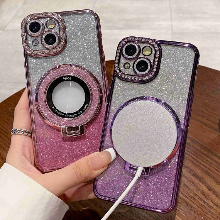 For iPhone 14 Pro Max Gradient Glitter Diamond Plated Holder Magsafe Phone Case(Pink) - iPhone 14 Pro Max Cases by buy2fix | Online Shopping UK | buy2fix
