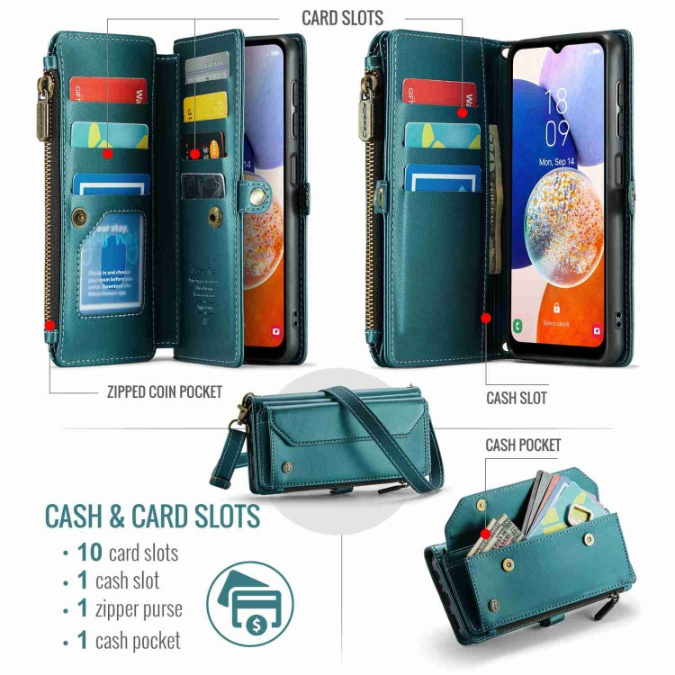 For Samsung Galaxy A14 5G / 4G CaseMe C36 Card Slots Zipper Wallet RFID Anti-theft Leather Phone Case(Blue-green) by CaseMe