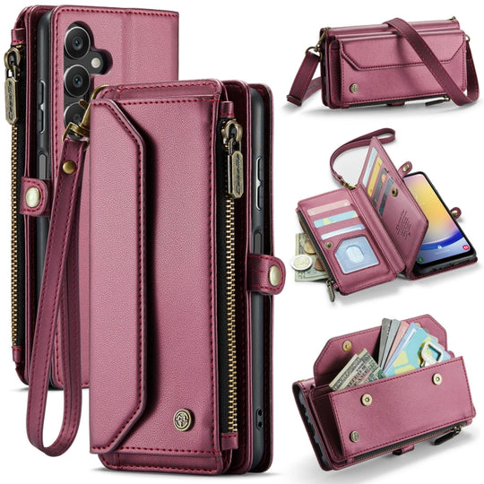 For Samsung Galaxy A25 CaseMe C36 Card Slots Zipper Wallet RFID Anti-theft Leather Phone Case(Wine Red)