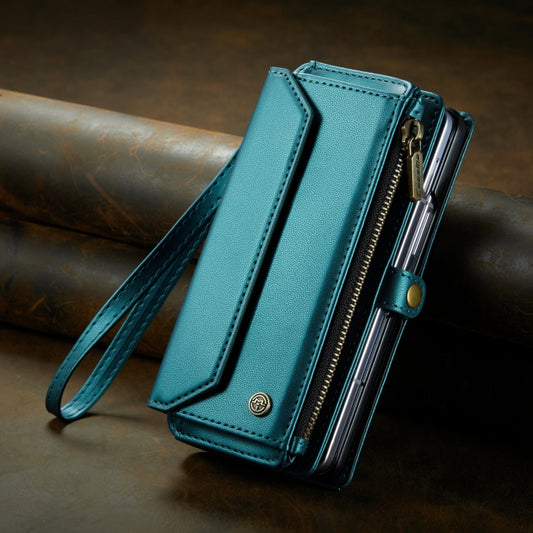 For Samsung Galaxy Z Fold4 CaseMe C36 Card Slots Zipper Wallet RFID Anti-theft Leather Phone Case(Blue-green) by CaseMe