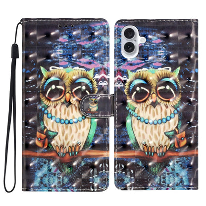 For iPhone 16 Plus 3D Pattern Leather Phone Case(Big-eyed owl) by buy2fix