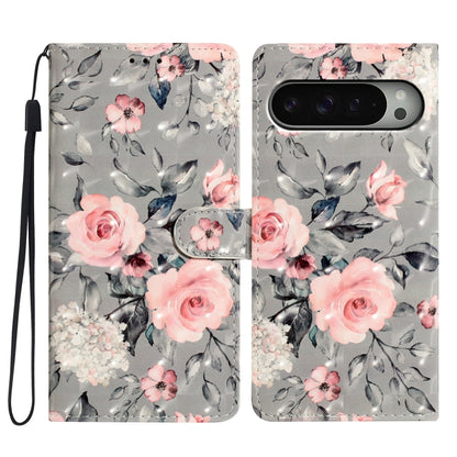 For Google Pixel 9 / 9 Pro 3D Pattern Leather Phone Case(Gray Base Flower) - Google Cases by buy2fix | Online Shopping UK | buy2fix