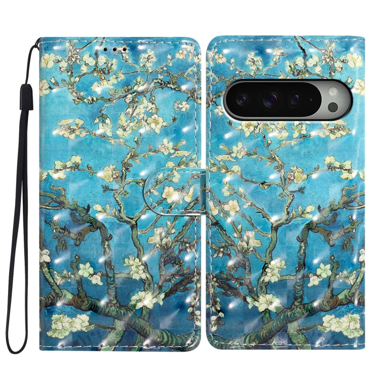 For Google Pixel 9 / 9 Pro 3D Pattern Leather Phone Case(Blue Base Apricot Flower) - Google Cases by buy2fix | Online Shopping UK | buy2fix