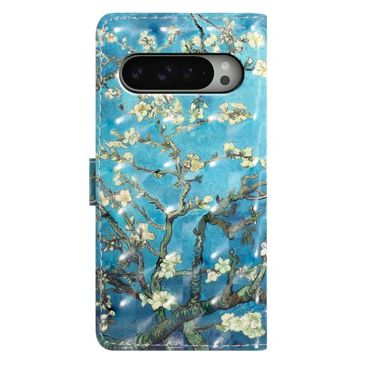 For Google Pixel 9 / 9 Pro 3D Pattern Leather Phone Case(Blue Base Apricot Flower) - Google Cases by buy2fix | Online Shopping UK | buy2fix