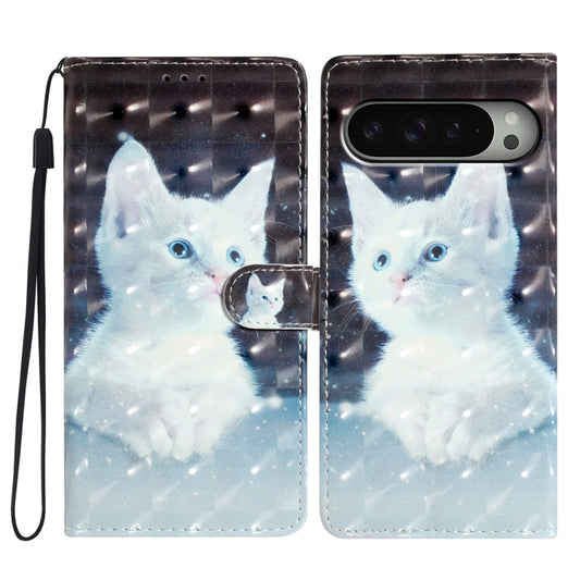 For Google Pixel 9 Pro XL 3D Pattern Leather Phone Case(White Cat) by buy2fix