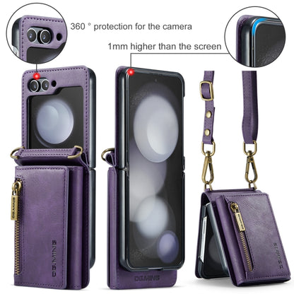 For Samsung Galaxy Z Flip5 5G DG.MING M5 Series Zip RFID Multi Card Detachable Leather Phone Case with Long Lanyard(Purple) - Galaxy Z Flip5 Cases by DG.MING | Online Shopping UK | buy2fix