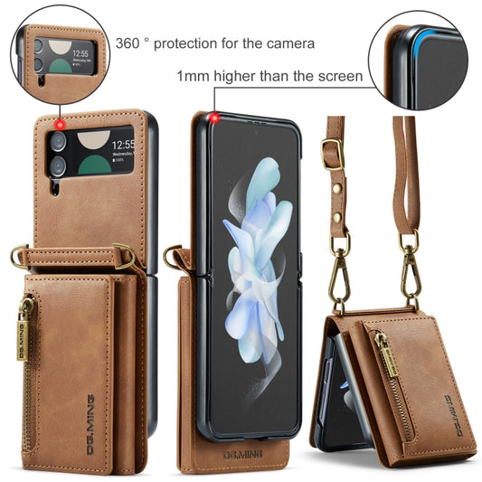 For Samsung Galaxy Z Flip4 5G DG.MING M5 Series Zip RFID Multi Card Detachable Leather Phone Case with Long Lanyard(Brown) by DG.MING