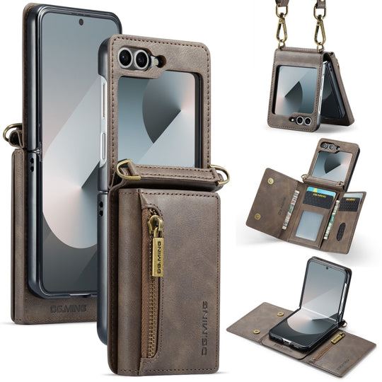 For Samsung Galaxy Z Flip6 DG.MING M5 Series Zip RFID Multi Card Detachable Leather Phone Case with Long Lanyard(Coffee)