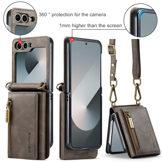 For Samsung Galaxy Z Flip6 DG.MING M5 Series Zip RFID Multi Card Detachable Leather Phone Case with Long Lanyard(Coffee) by DG.MING