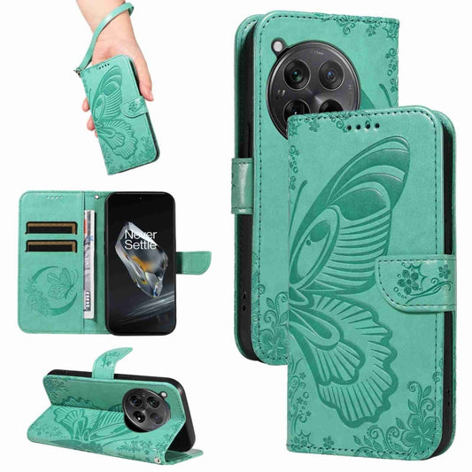 For OnePlus 12 Swallowtail Butterfly Embossed Leather Phone Case(Green) - OnePlus Cases by buy2fix | Online Shopping UK | buy2fix