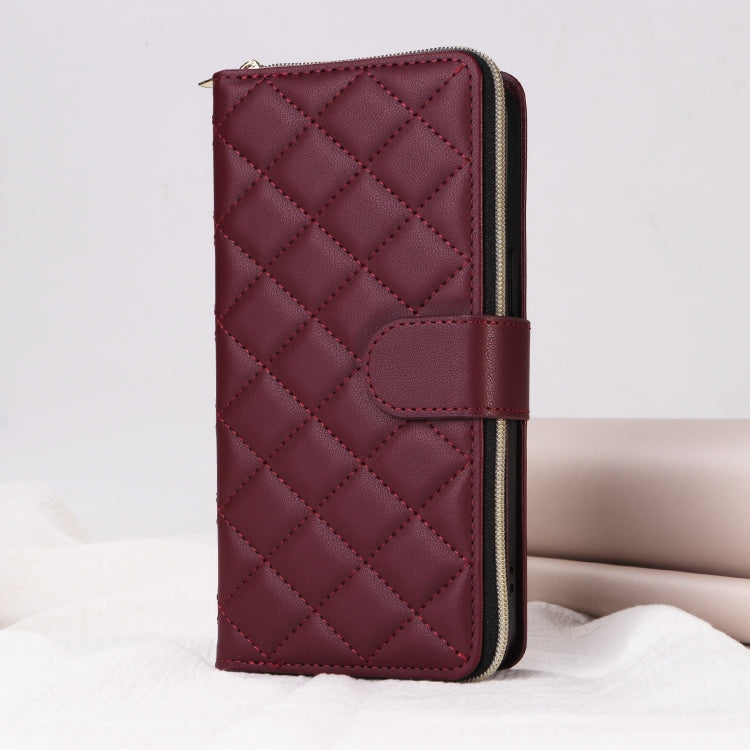 For iPhone 15 Pro Max Crossbody Rhombic Zipper Tower Buckle Leather Phone Case with Lanyard(Wine Red) - iPhone 15 Pro Max Cases by buy2fix | Online Shopping UK | buy2fix